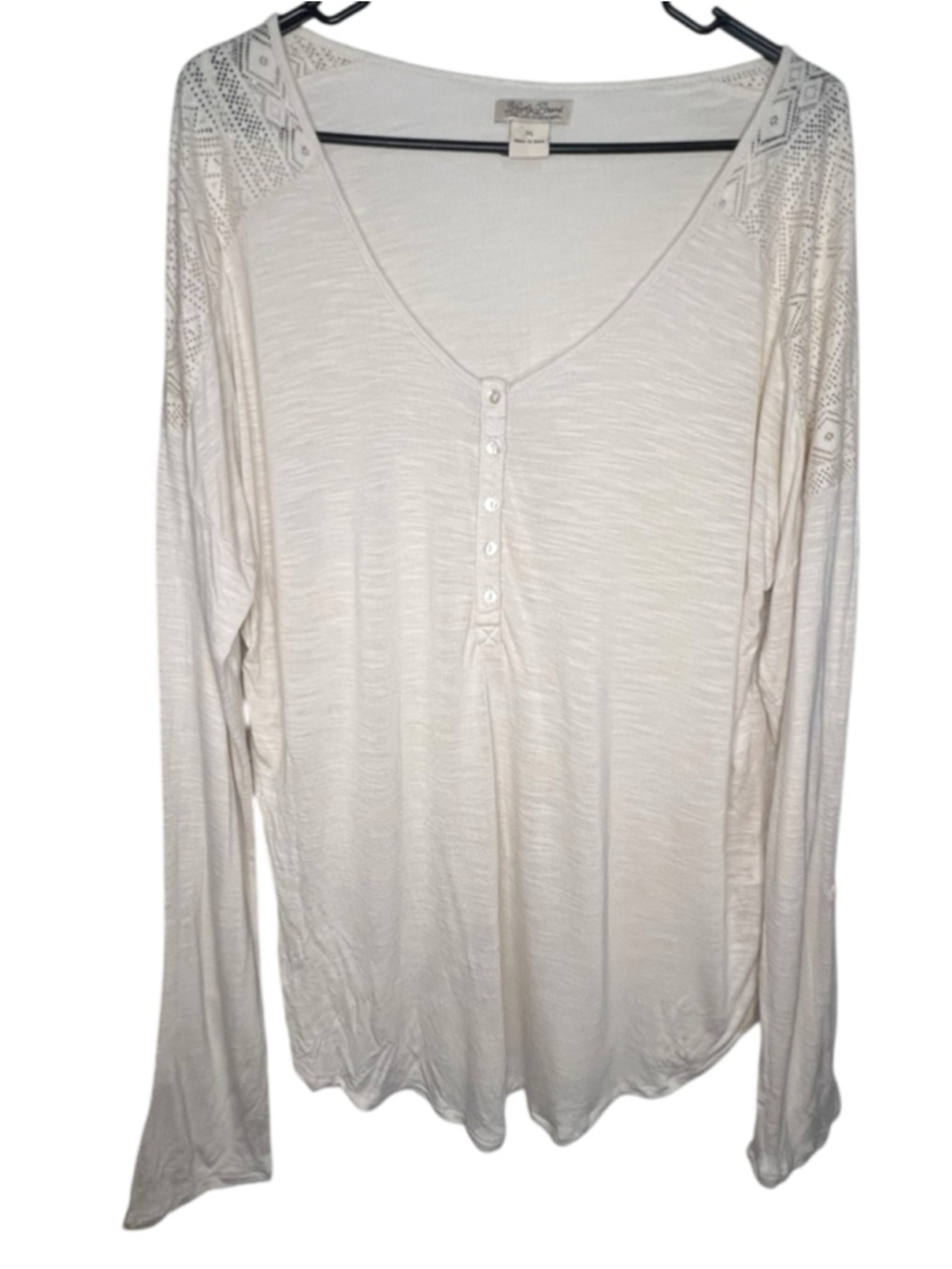 Lucky Brand Cream Boho Henley Long Sleeve Lace Shoulder Lightweight Blouse